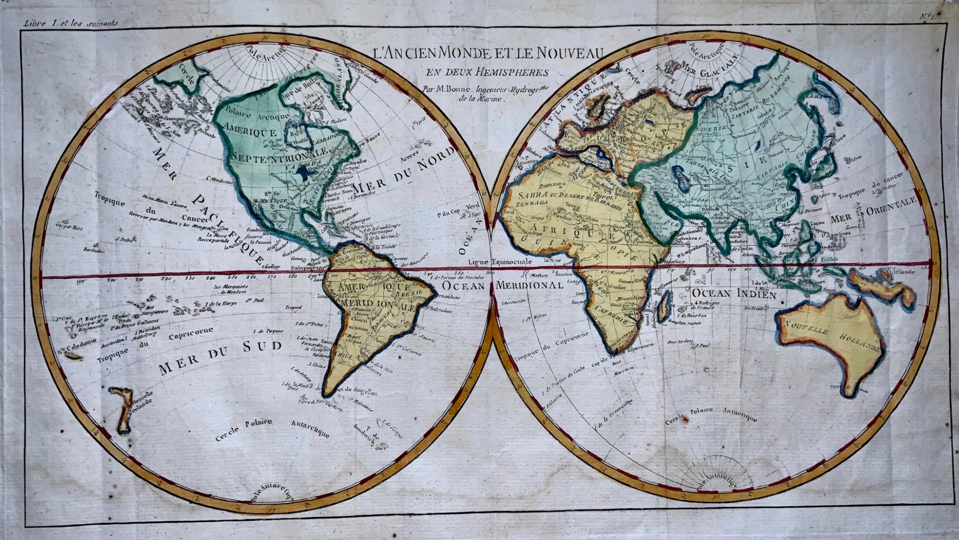 1780 Bonne - DOUBLE HEMISPHERE WORLD MAP - hand coloured engraved map