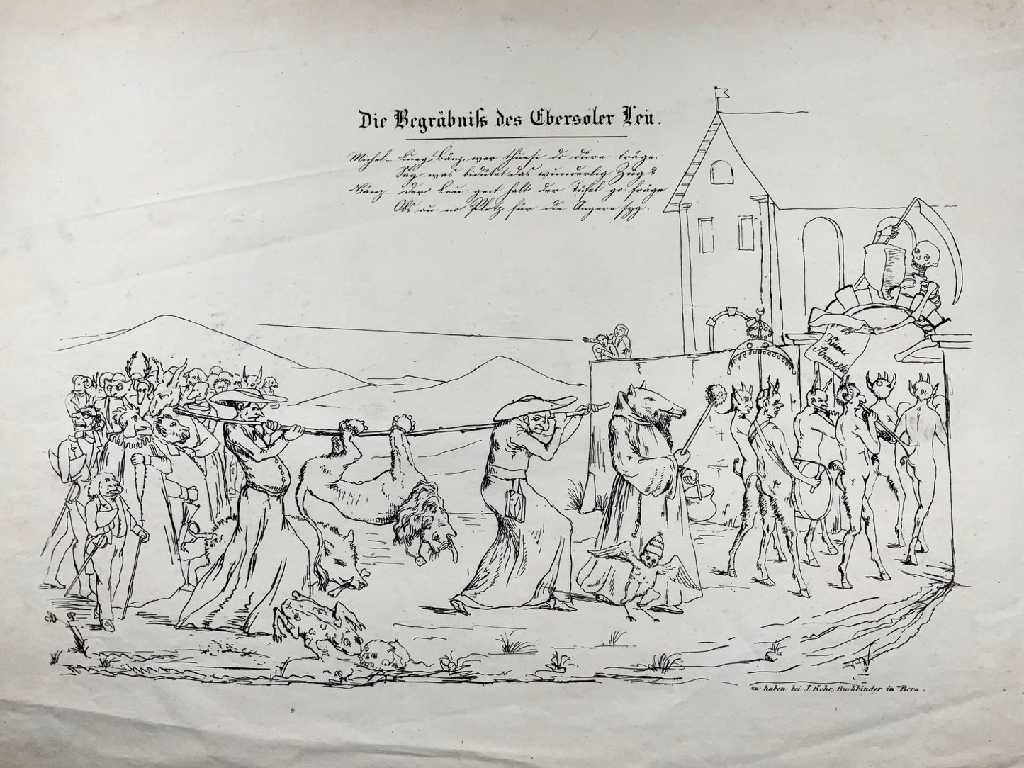 1845 Broadside satirique, funérailles / meurtre, Joseph Leu von Ebersol, Suisse