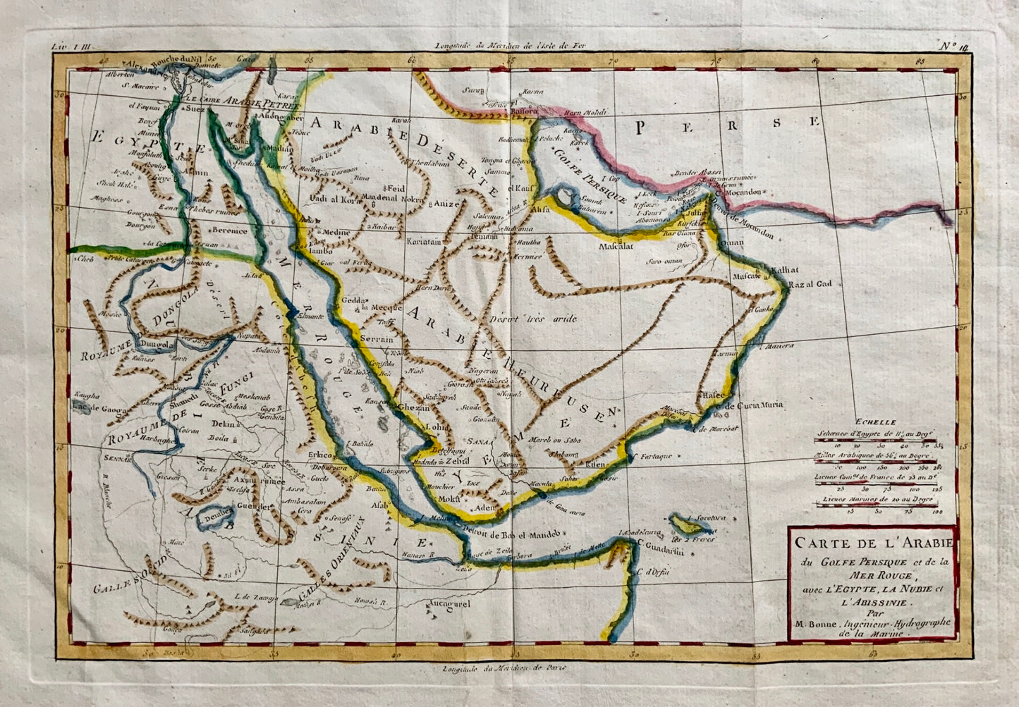 1780 Bonne - Antique Map of ARABIA Yemen Egypt Saudi Arabia - Handcoloured