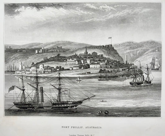 1845 Port Phillip, Melbourne Australia, steel-aquatint engraving, rare