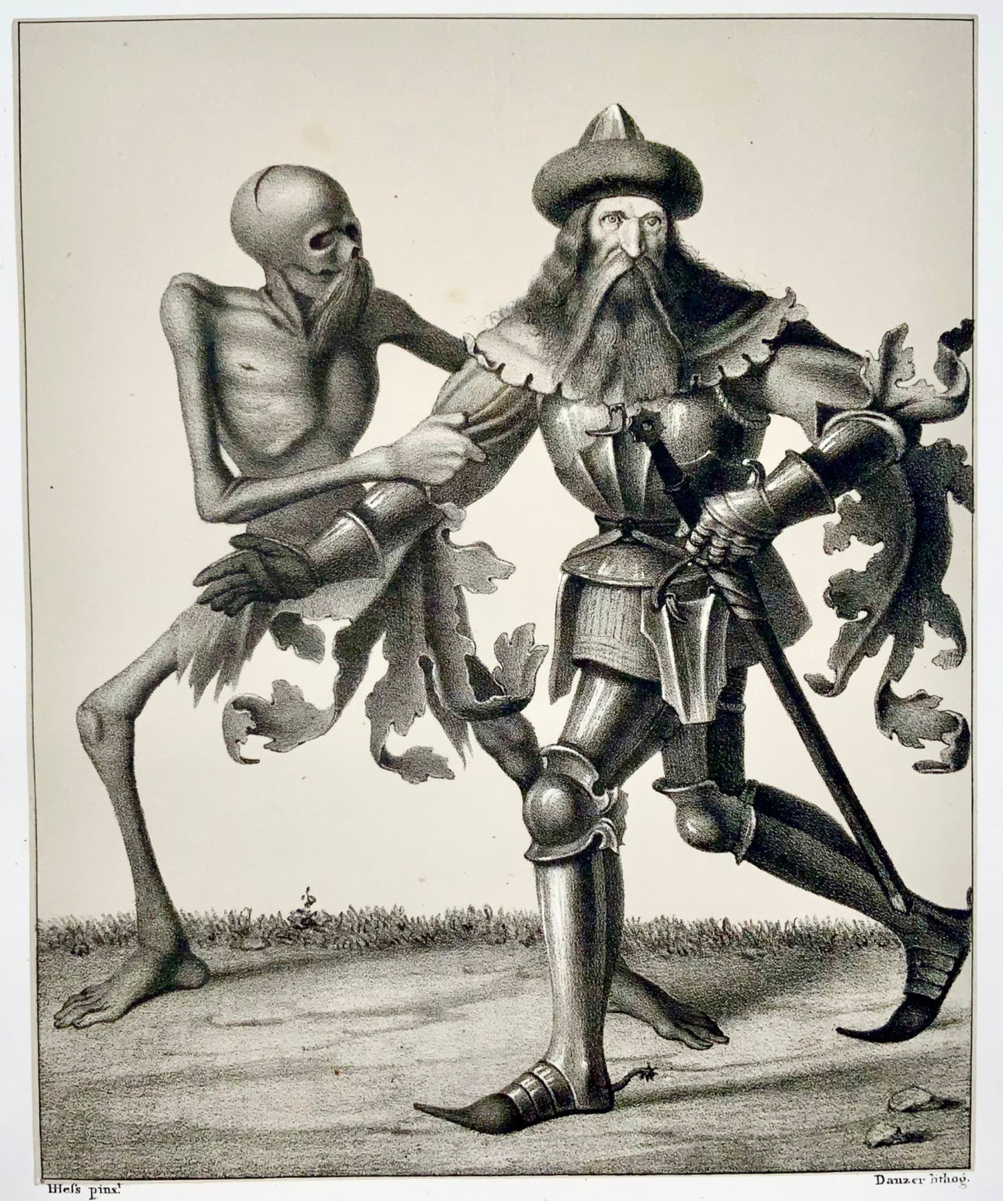 1830 H. Hess, Danse macabre, Memento Mori, chevalier en armure 