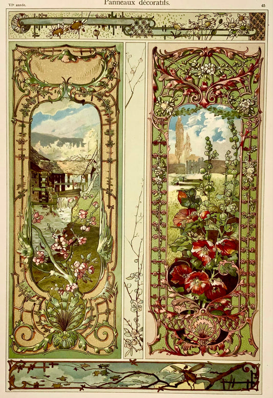 1890 Panneaux décoratifs, décoration, art nouveau, in-folio, paysage floral