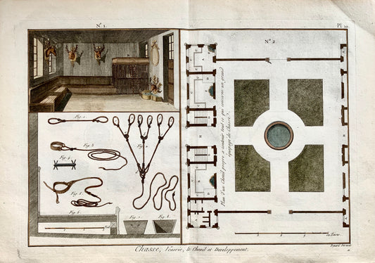 1793 Panckoucke - HUNTING STABLES & YARD hand colored FOLIO antique original - Sport