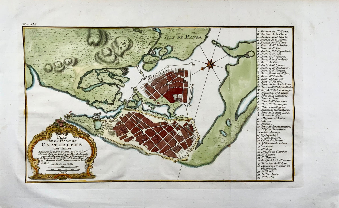 1754 Carthagène en Colombie, Amérique du Sud carte colorée à la main