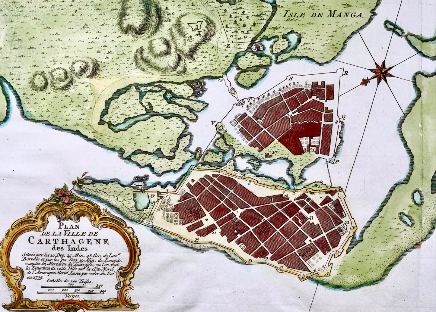 1754 Cartagena in Colombia, South America hand coloured map