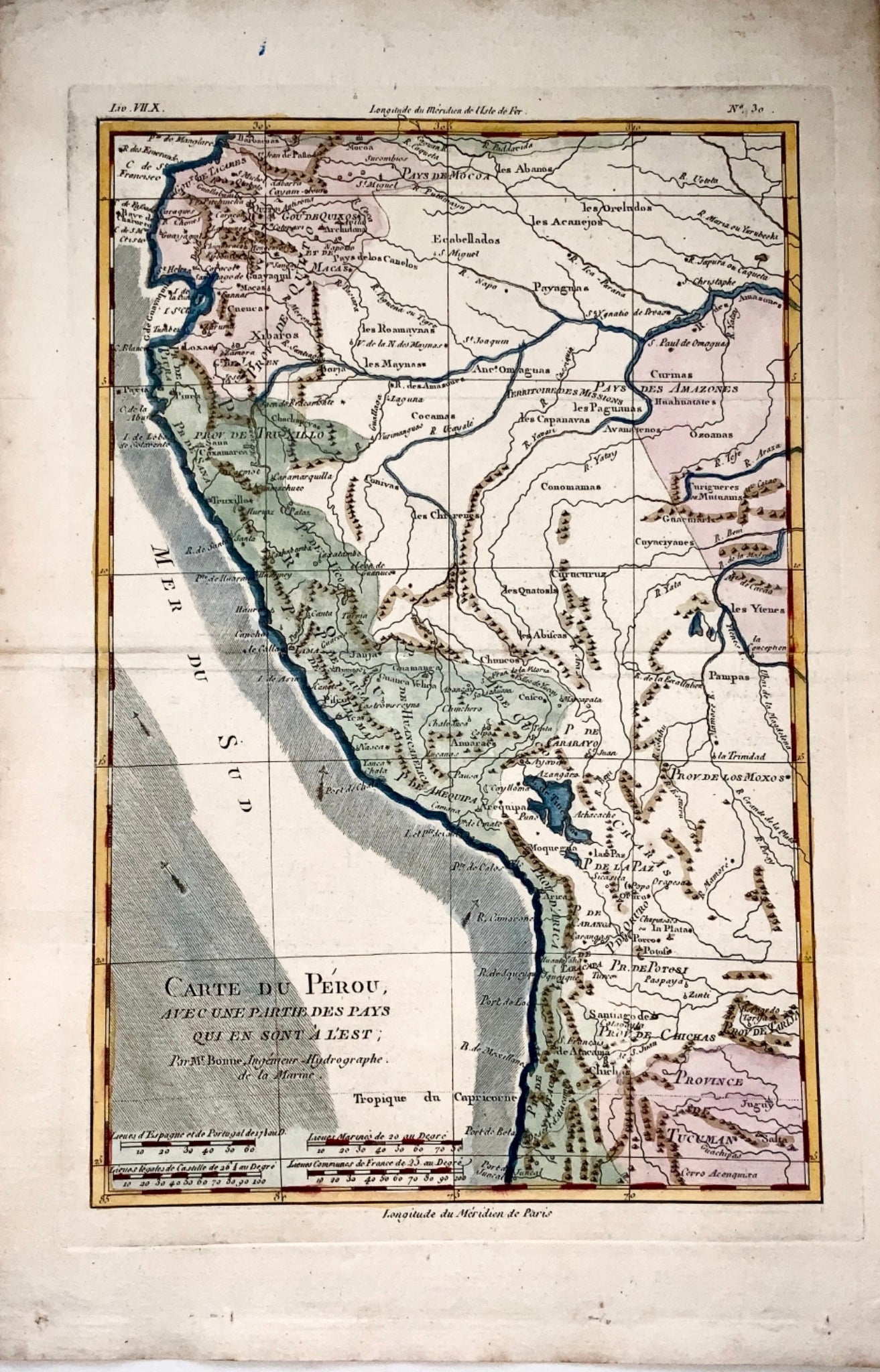 1780 Bonne - Antique Map PERU ‘Carte du Pérou’ Amazon - Handcoloured