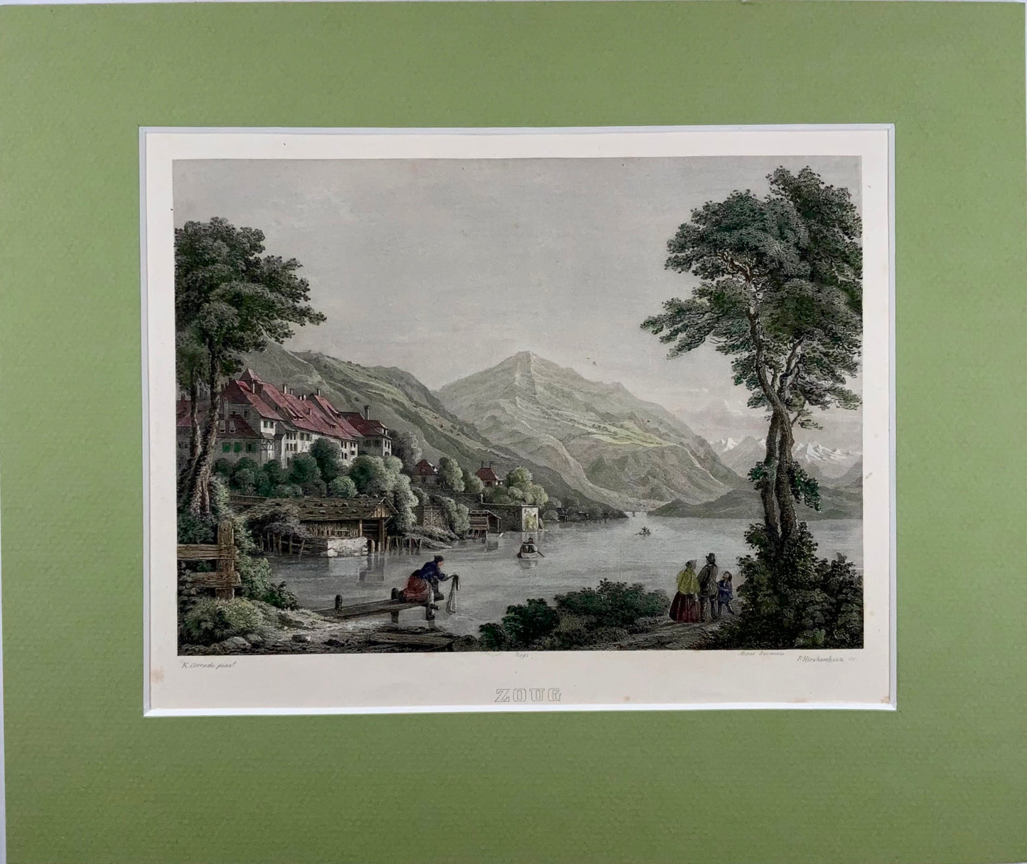 1850 Zoug Zug, Switzerland, large hand coloured aquatint, Corradi