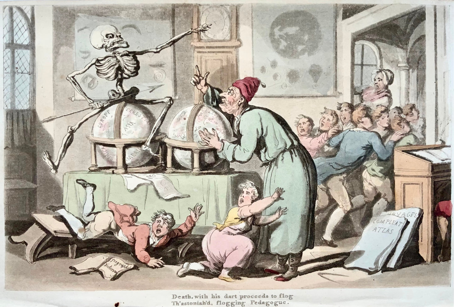 1815 Thomas Rowlandson, Danse de la mort, cartes, globes, aquatinte coloriée à la main, caricature