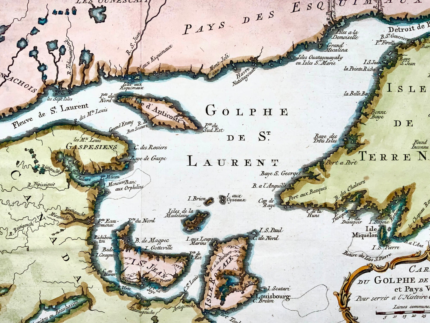 1767 Bellin, Canada, Golfe du Saint-Laurent, gravure coloriée à la main