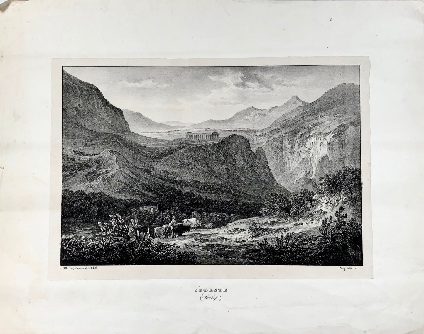 1833 Ségeste Sicile, Muller &amp; Horner, Ledoux sc., grande lithographie en pierre