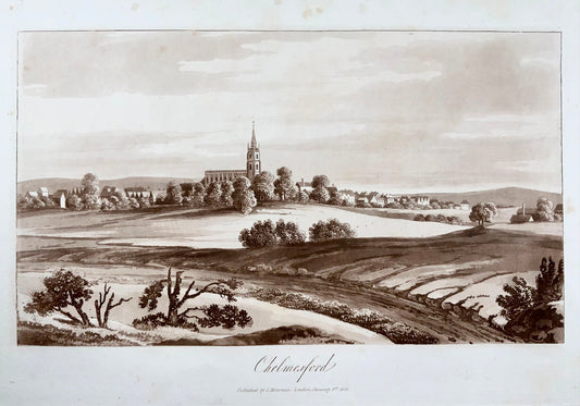 1821 Chelmsford, Essex, aquatinte sépia par Mawman d'après Shepherd