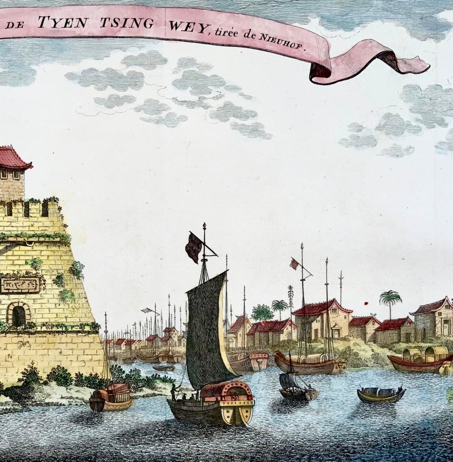 1755 Prévost; Schley, forteresse sur la rivière Pékin, Chine, voyages à l'étranger, carte