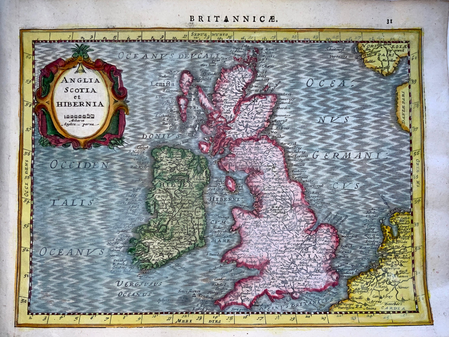 1632 Mercator/Cloppenburgh: "Anglia Scotia et Hibernia" hand coloured map