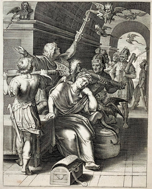 1612 Mort, soucis morbides, ars moriendi, diable, harpies, gravure d'Otto van Veen