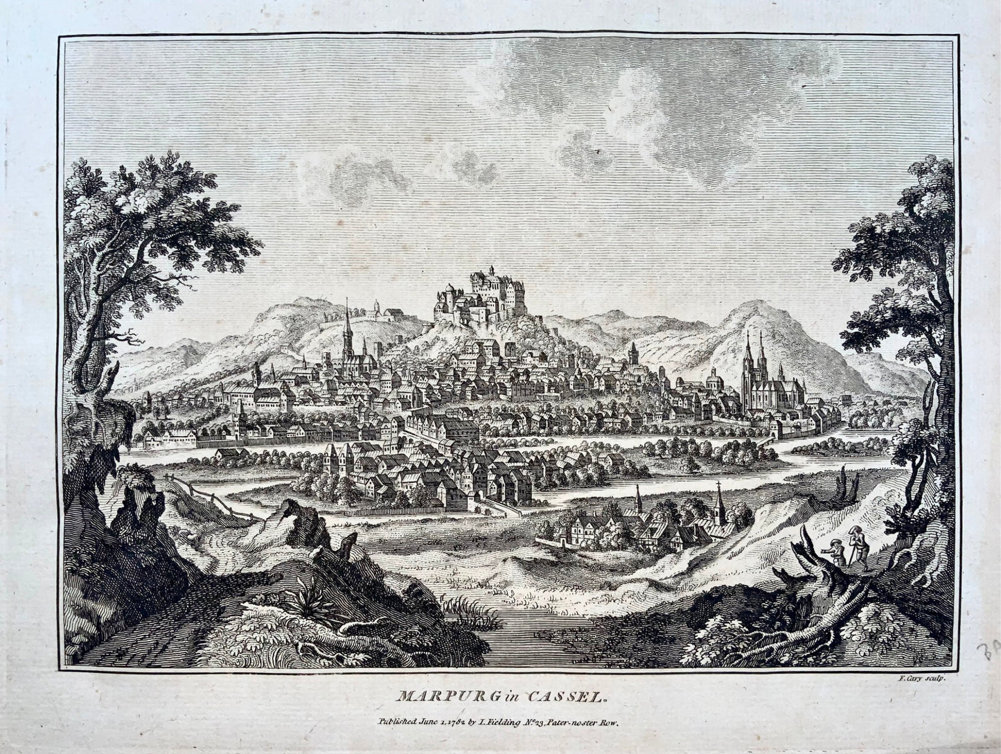 1782 Marburg à Cassel, Allemagne, F. Cary, gravure sur cuivre, rare, voyage