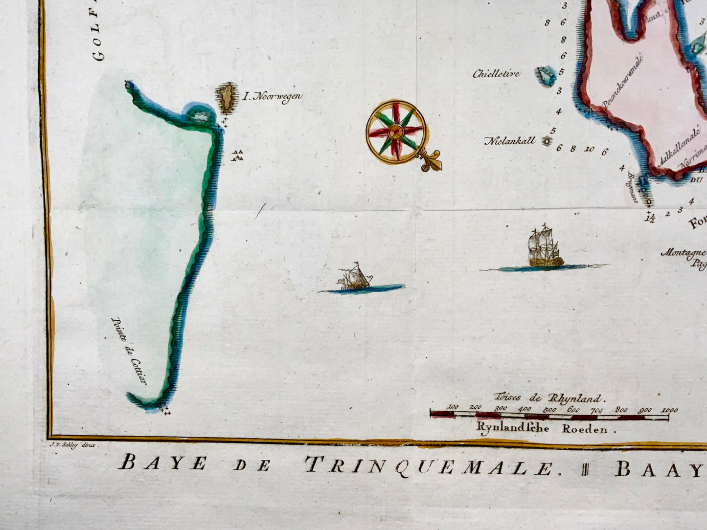 1770 J.V. Schley, Sri Lanka, Ceylon, Trincomalee, large copper engraving, map