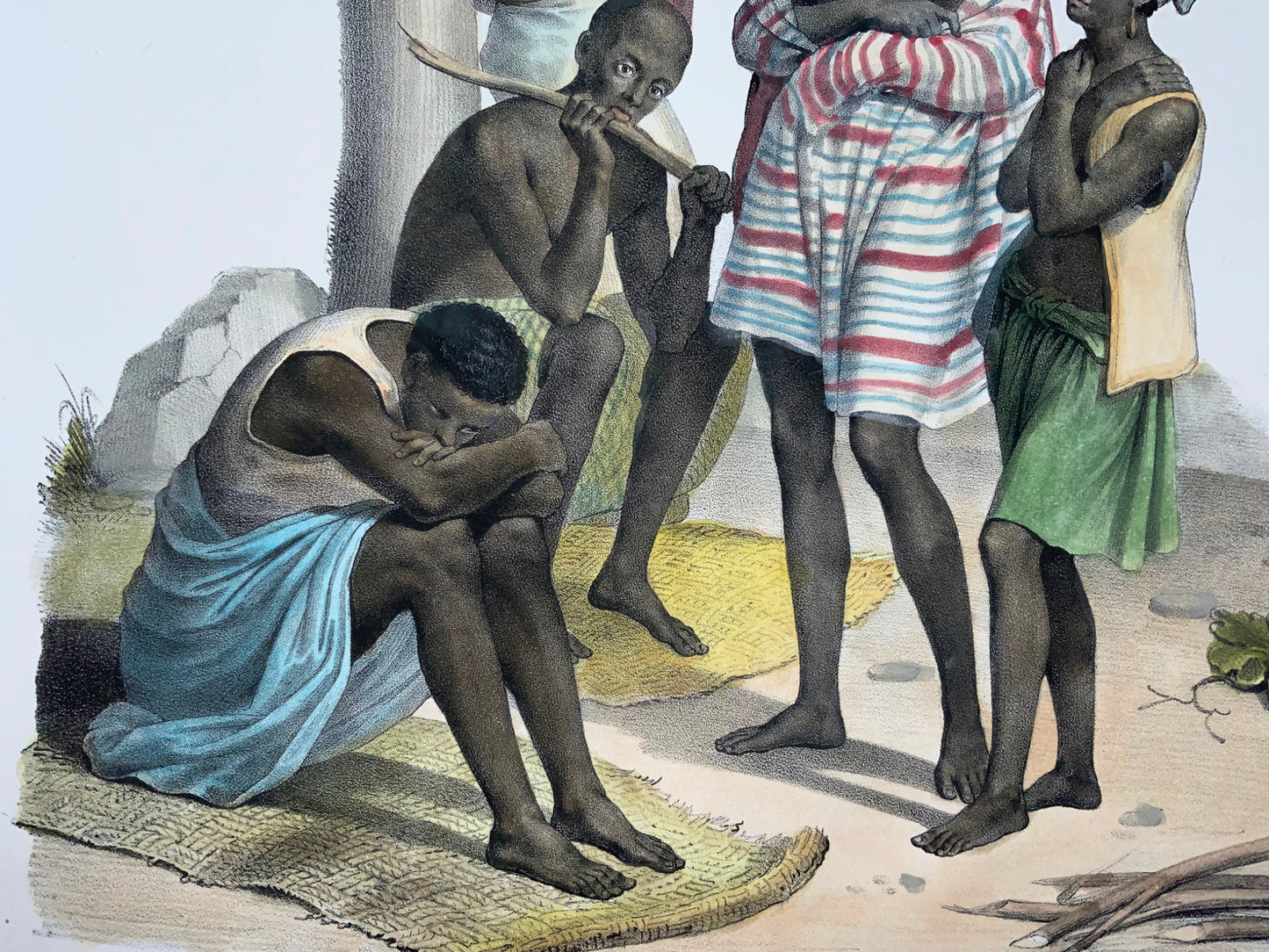 1840 Esclavage, esclaves africains, d’après Fuchs, lithographie en pierre folio colorée à la main, ethnologie