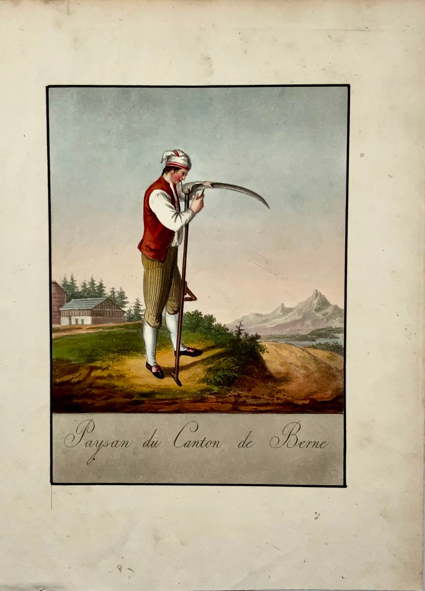 1822 Chr. Mechelt, faux à aiguiser à Berne, Suisse, aquatinte colorée à la main, costumes