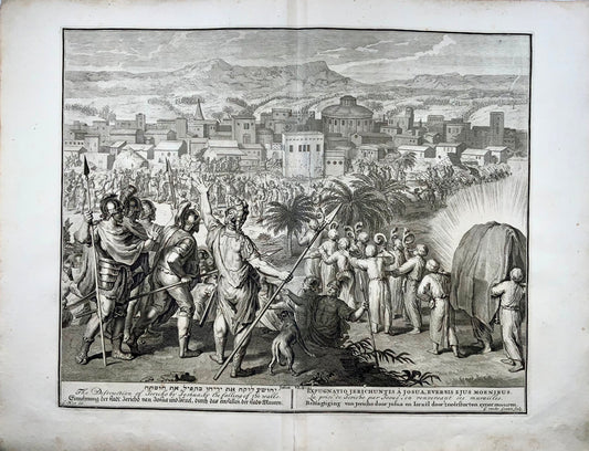 1728 Destruction de Jérico, Gérard Hoet, grande gravure biblique in-folio (53cm) 