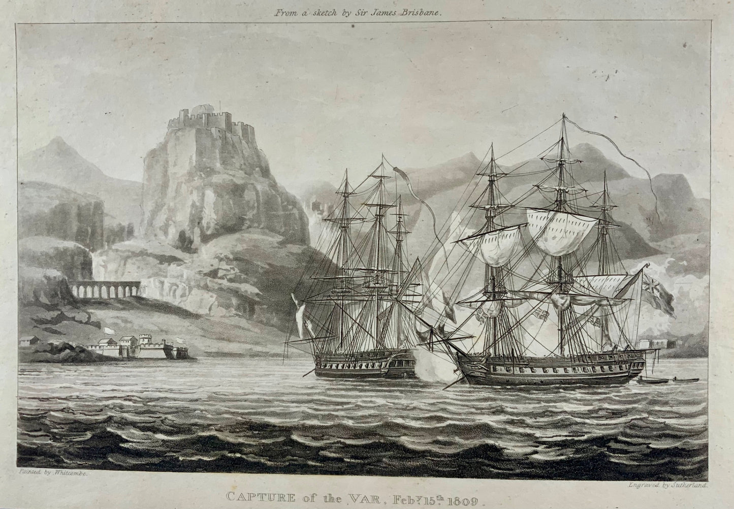 1820 Capture of Var, off Corfu, Sutherland, Whitcombe, maritime aquatint