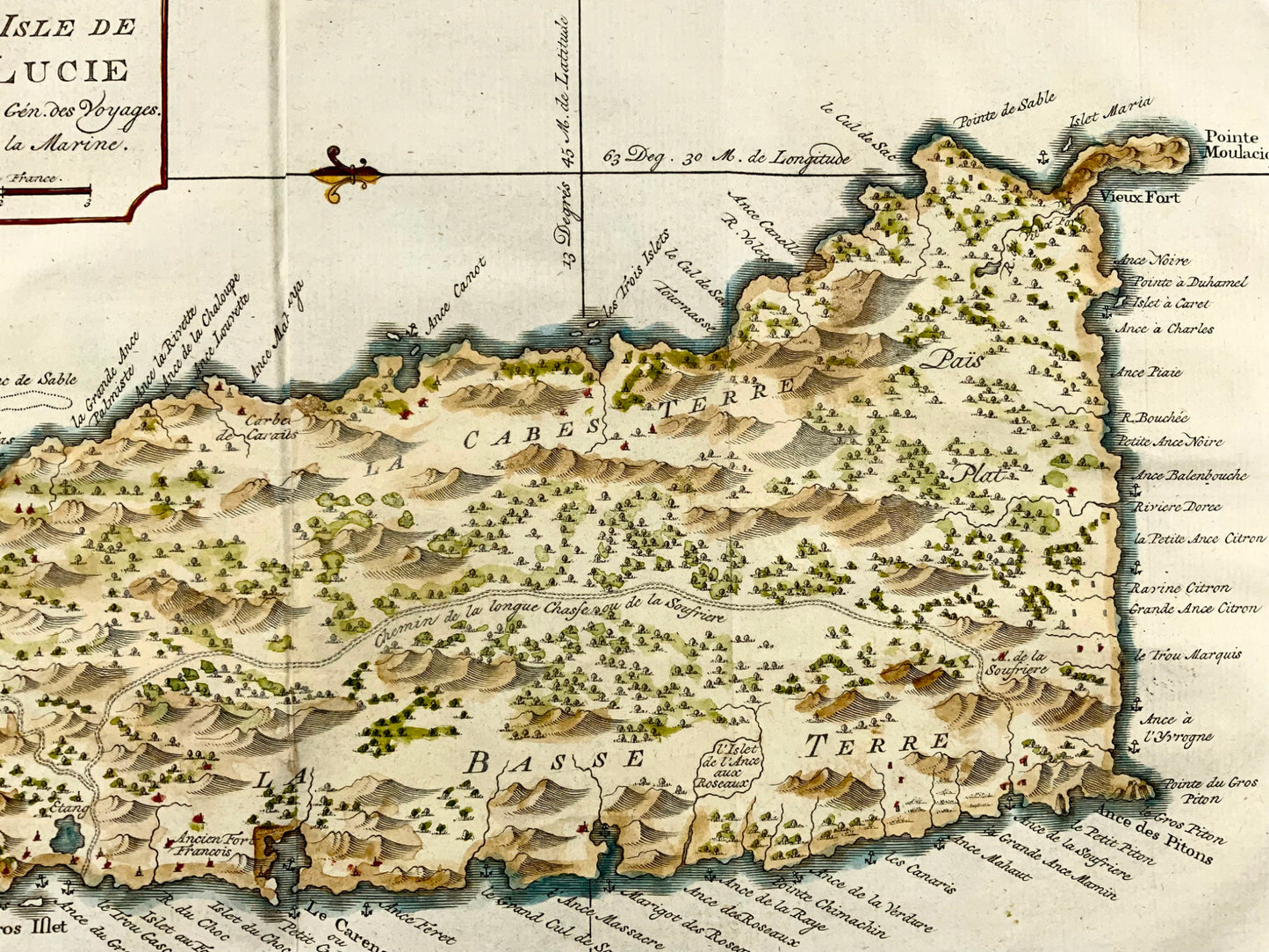 1775, Jacques Nicolas Bellin, St Lucia, West Indies, hand colored map, foreign topography