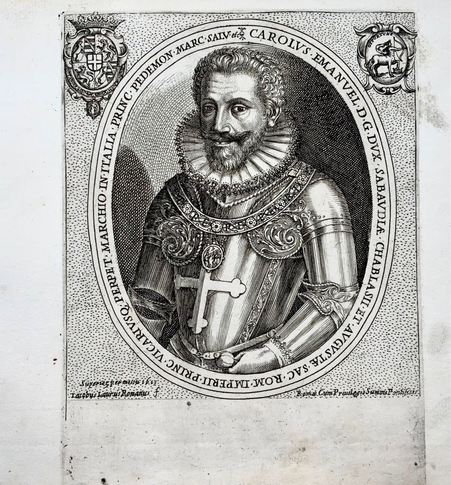 1613 G. Laurus PORTRAIT of Carlo Emanuele I, Duke of Savoy - copper engraving