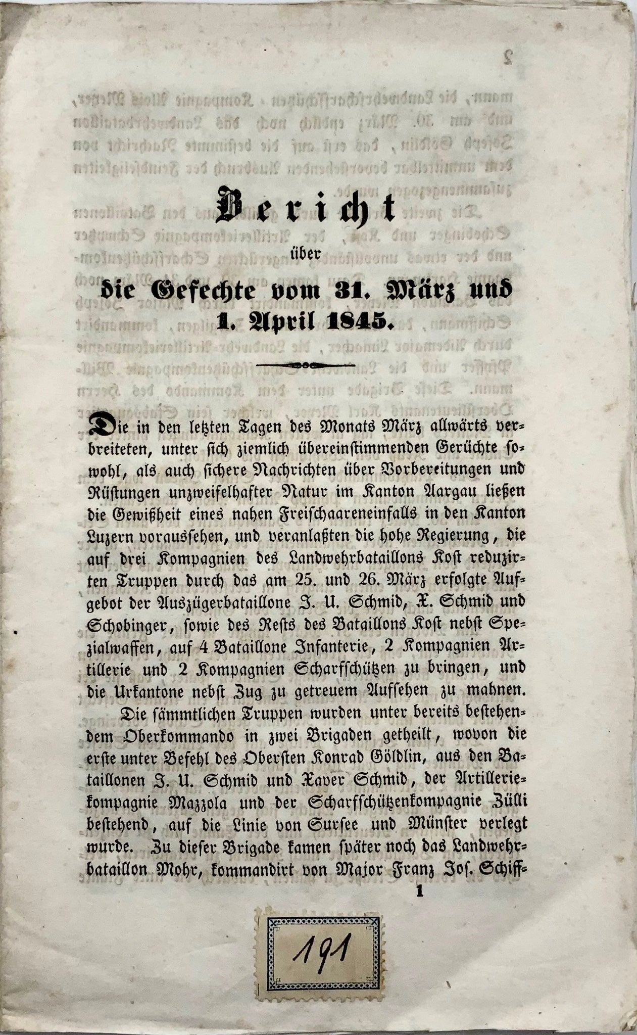 1845 L. Von Sonnenberg, révolte à Lucerne, Suisse