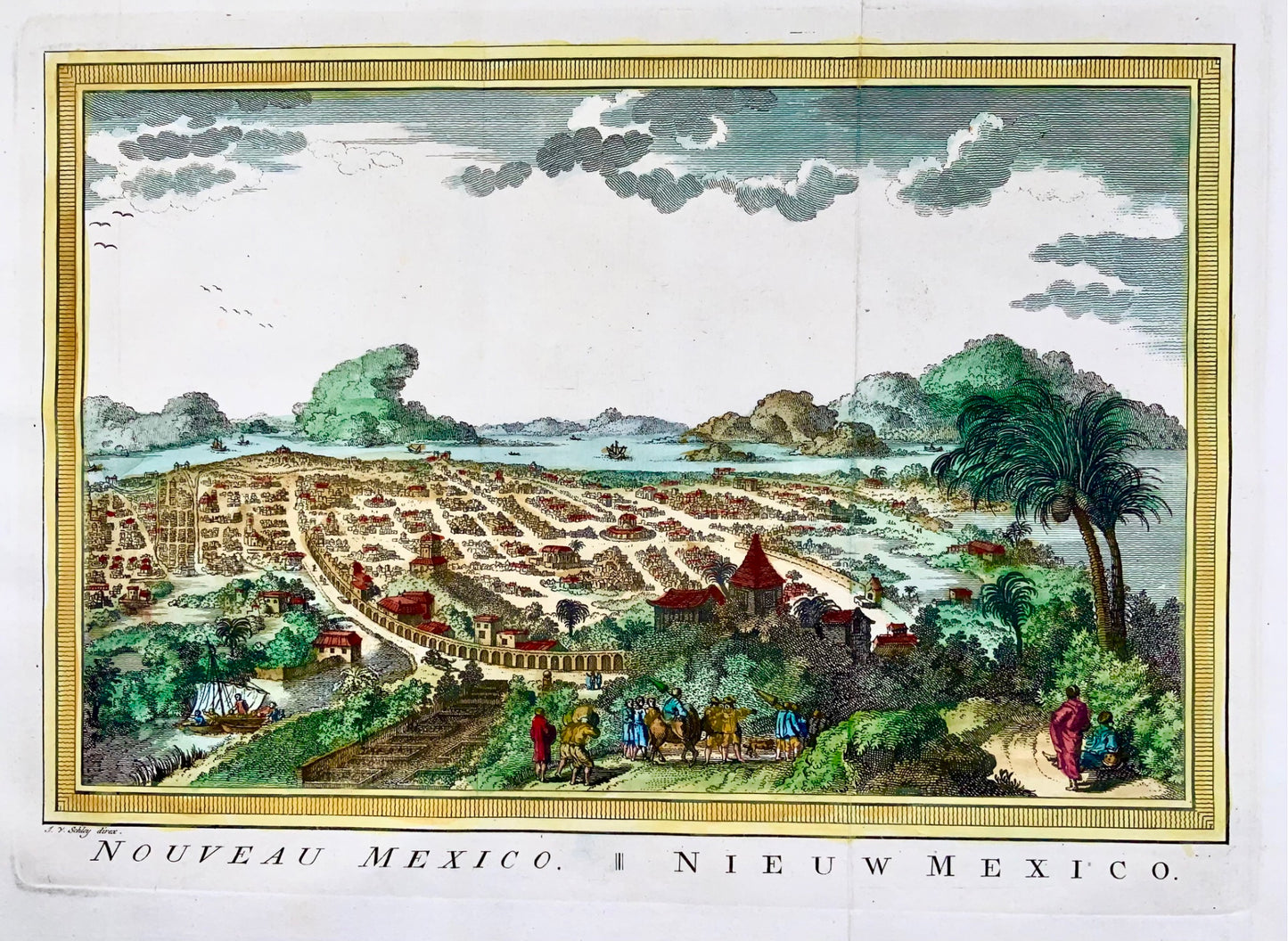 1780 J.V. Schley, Mexico City, cityscape, hand coloured copper engraving