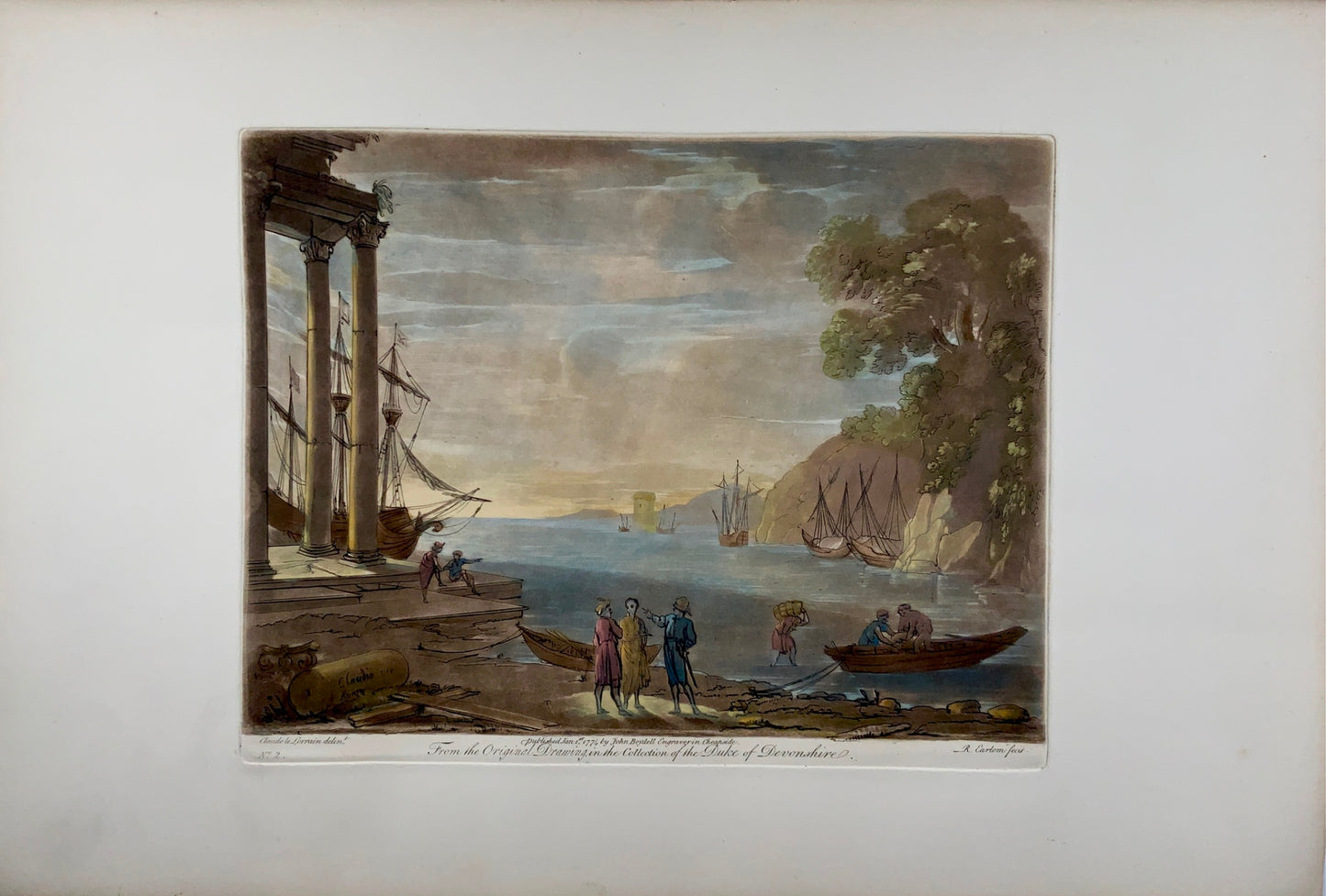 1774 Richard Earlom after CLAUDE LORRAIN - Harbour view in Italy - Large paper - Topography, Master Engraving