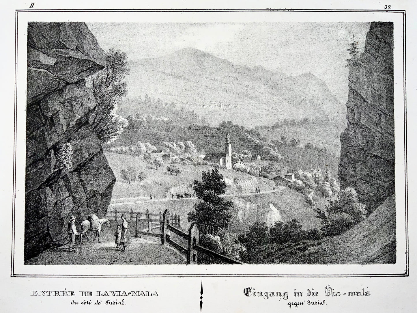 1838 Zillis, Graubunden, Via Mala in Switzerland, early stone lithograph