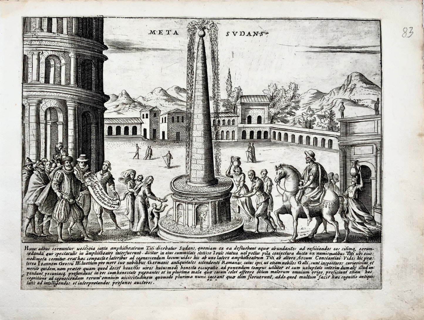 1624 Lauro, Meta Soudans, près du Colisée, Rome Italie, gravure sur cuivre