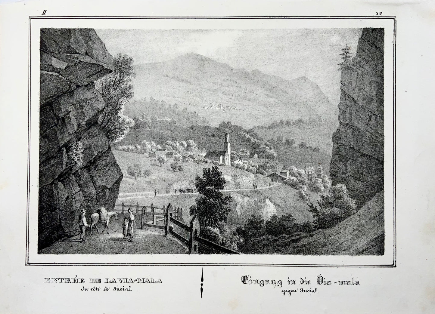 1838 Zillis, Grisons, Via Mala en Suisse, lithographie sur pierre ancienne