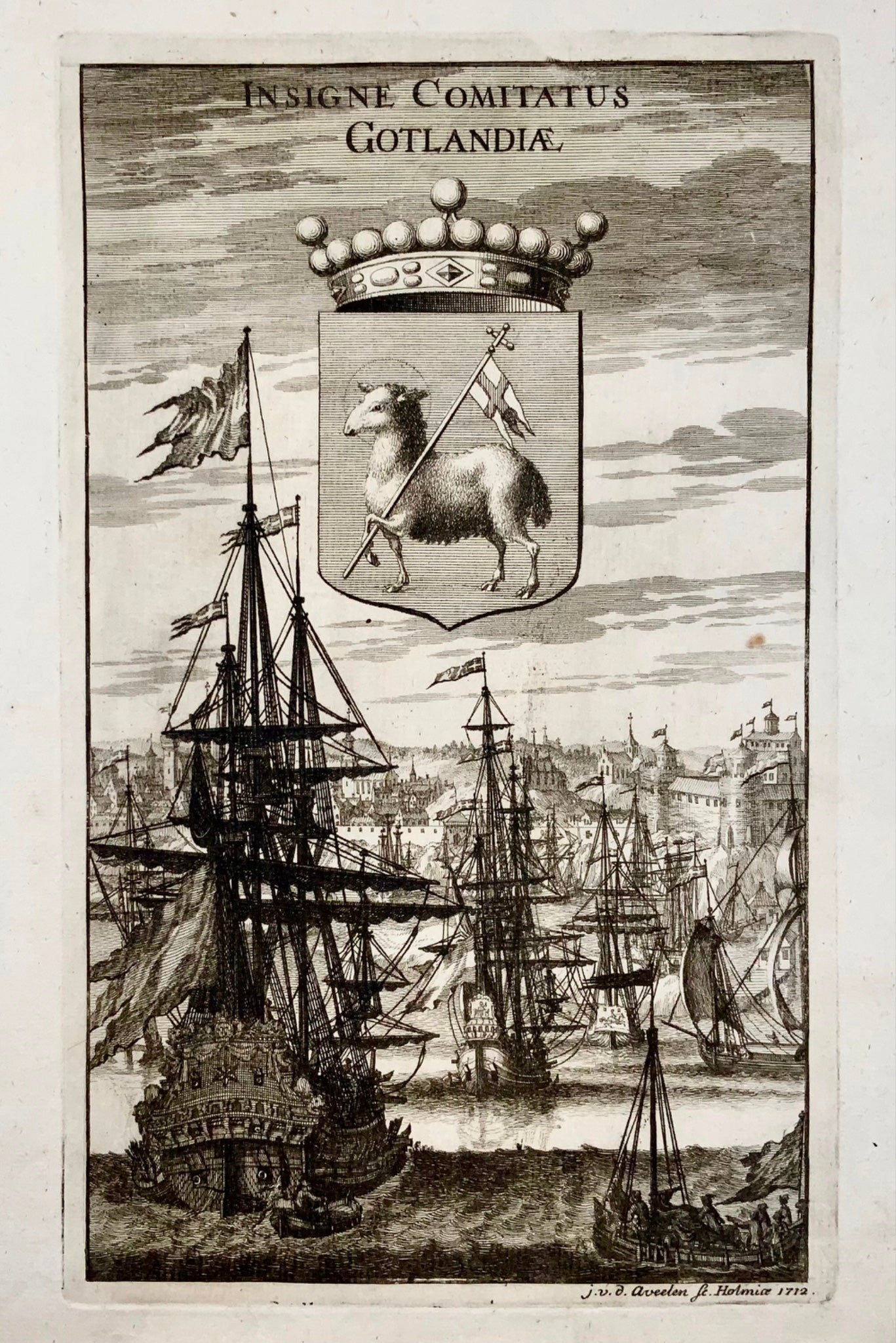 1712 Aveelen, navires dans le vieux port de Visby, armoiries de Gotland, maritime