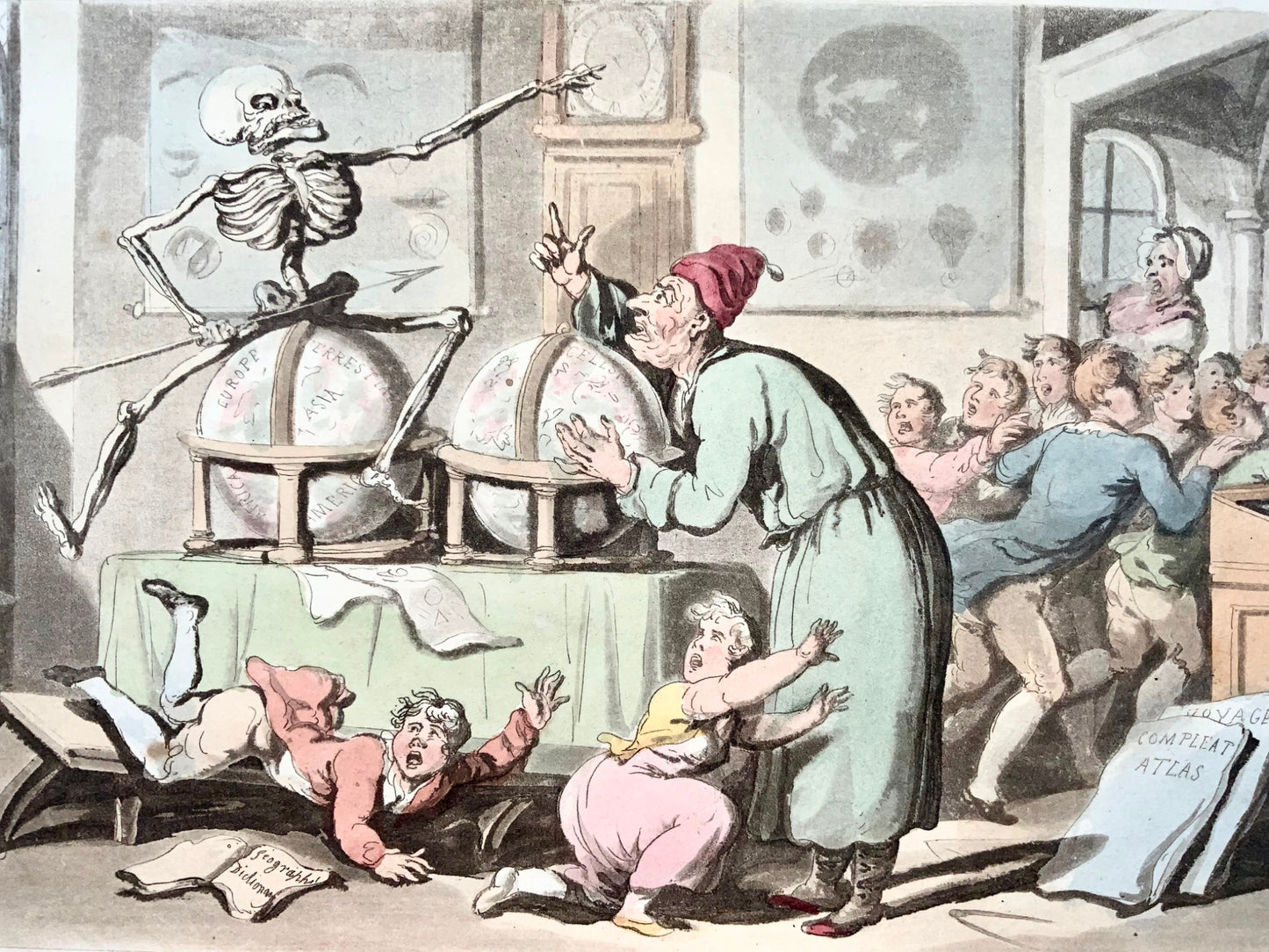 1815 Thomas Rowlandson, Danse de la mort, cartes, globes, aquatinte coloriée à la main, caricature