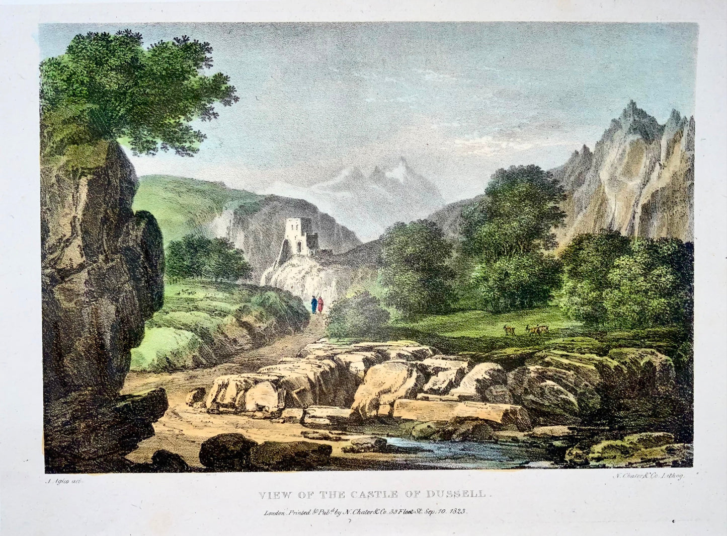 1823 Vue du château de Dussell, Allemagne, Agostino Aglio, lithographie, paysage