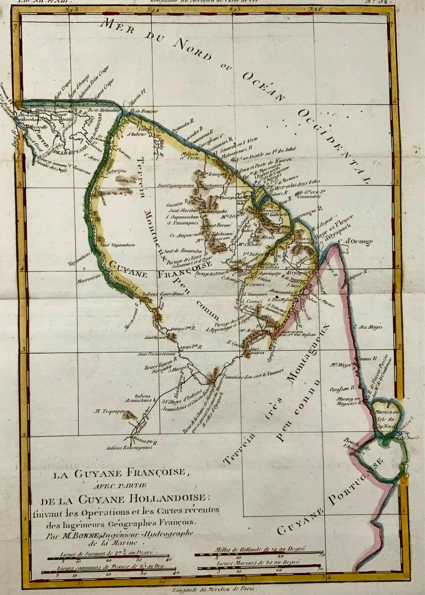 1780 Carte du nord-est de l'Amérique du Sud, représentant la Guyane (Guyane), Bonne, 