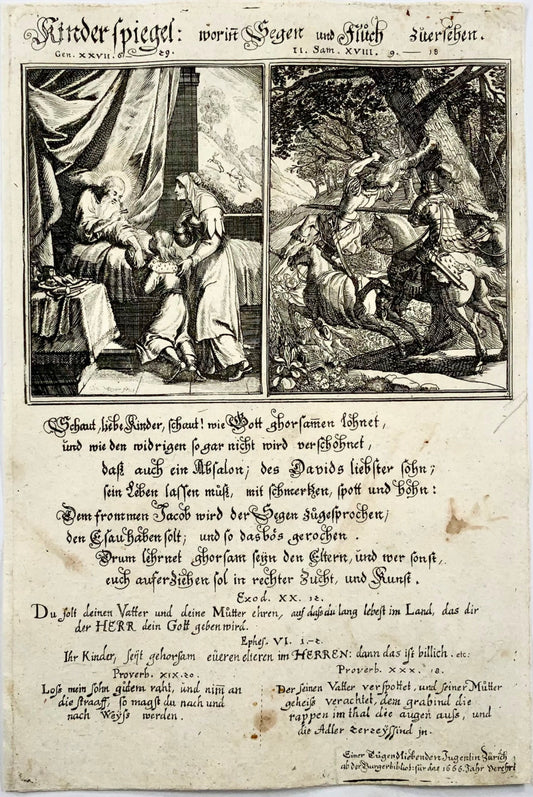 1666 Conrad Meyer, Broadside, Un miroir de l’enfance, juvenilia inspirant et rare