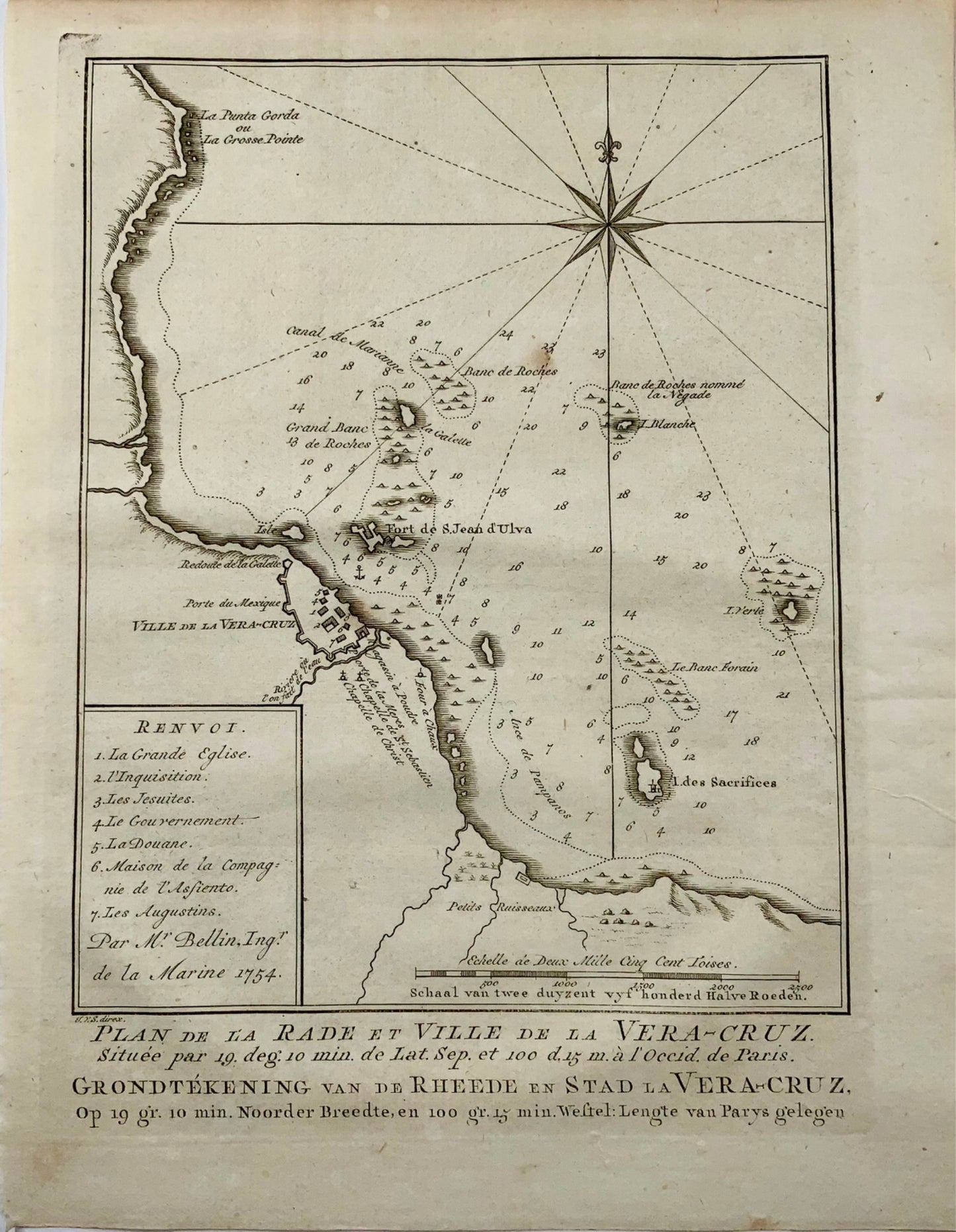 1758 Map, “Rade et Ville de la Vera-Cruz, Vera Cruz, Mexico, by Schley