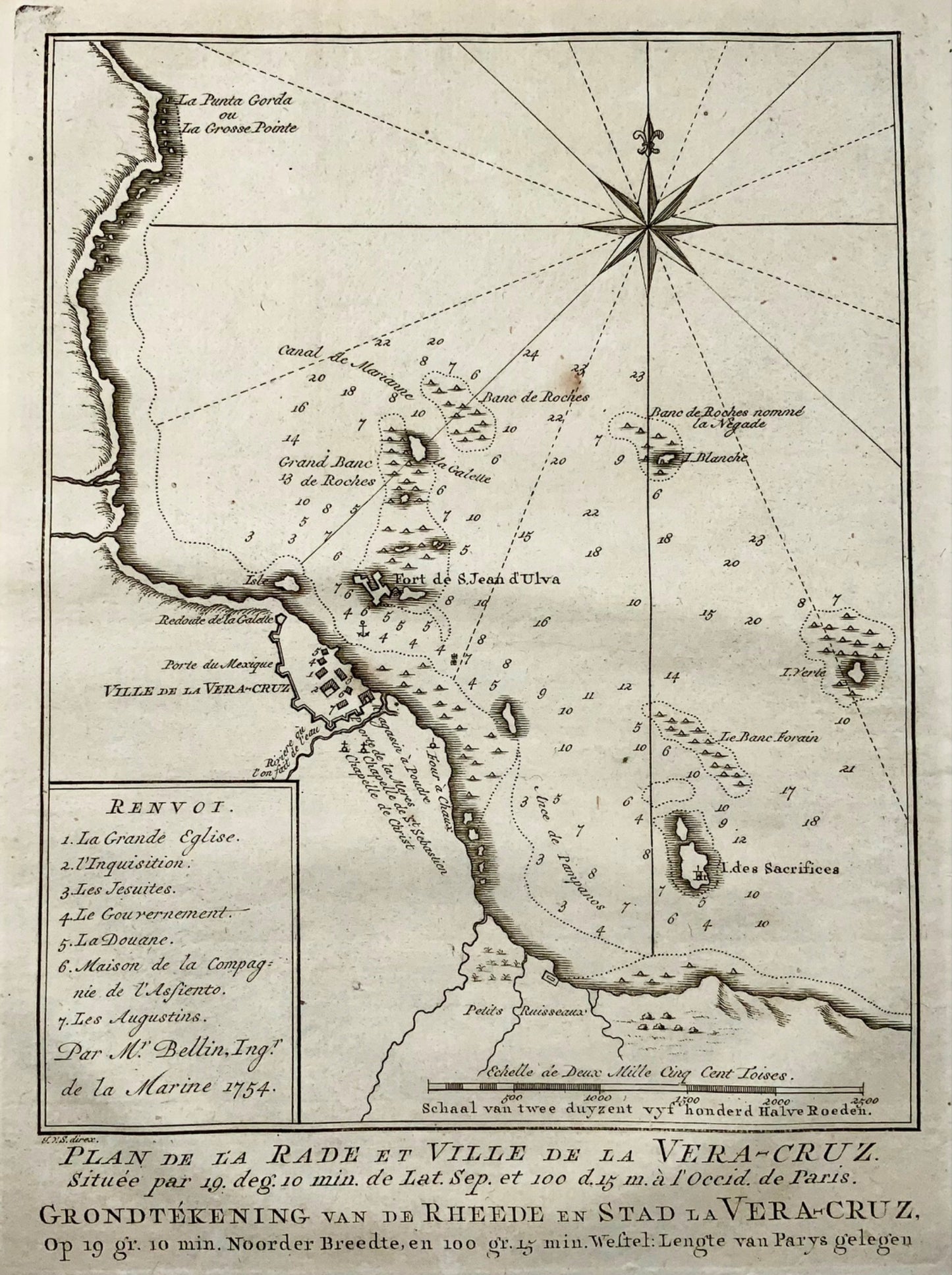 1758 Map, “Rade et Ville de la Vera-Cruz, Vera Cruz, Mexico, by Schley