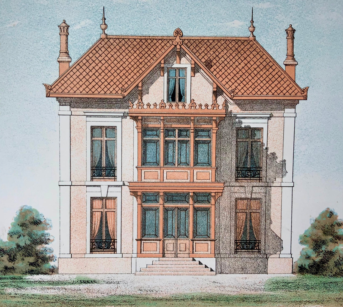 1855 Country Villa, Leblan, folio original colorié à la main et lithographie couleur, architecture, iv