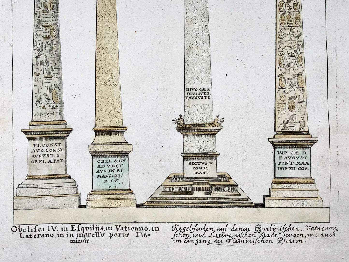 1676 Sandrart, Obsélisques du Vatican et de Latern, et. Al. Folio colorié à la main, architecture