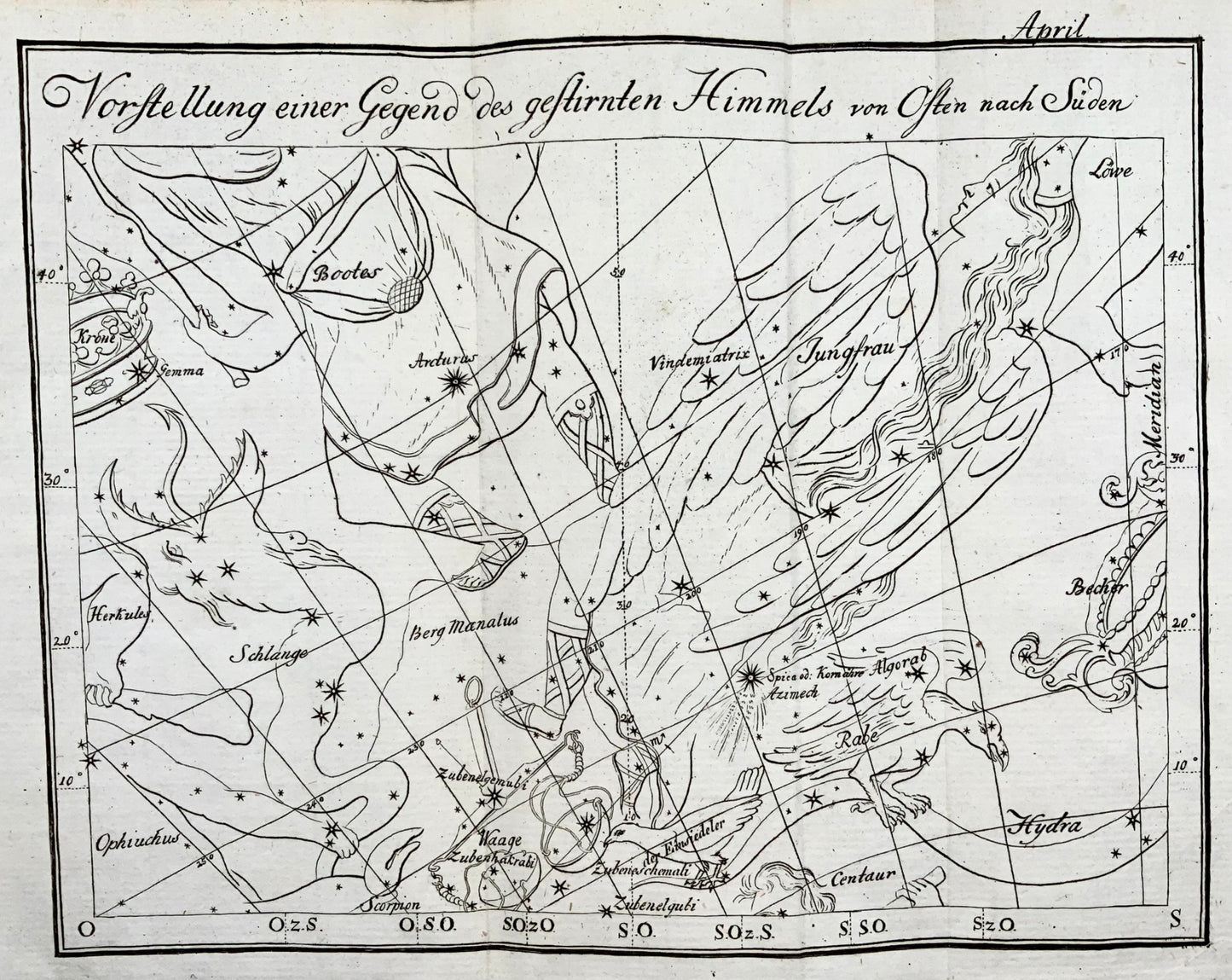 Carte céleste de 1777 vue en avril, Joh. E. Bode, carte 