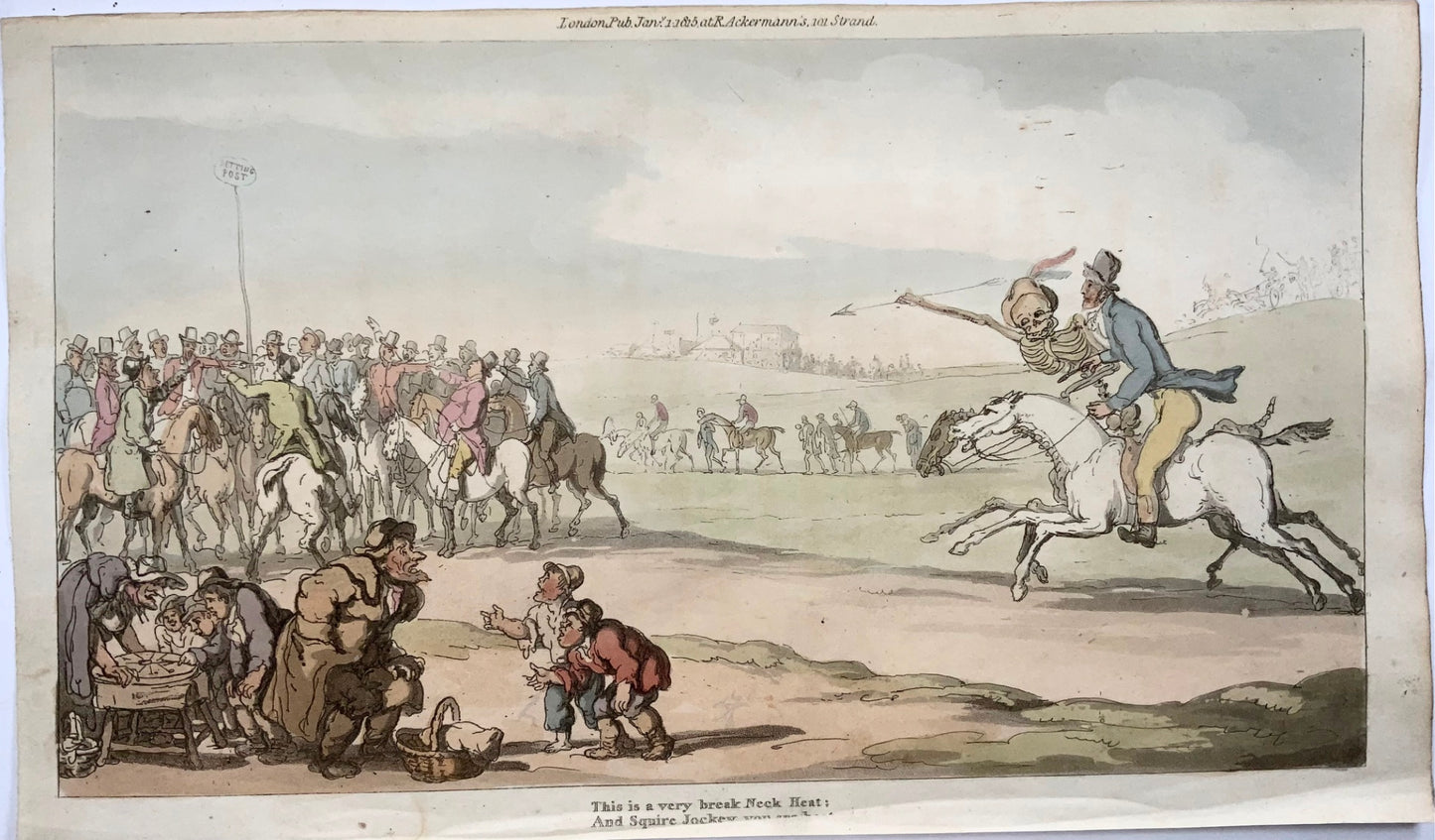 1814 Courses de chevaux, Rowlandson, Danse macabre, caricature, aquatinte