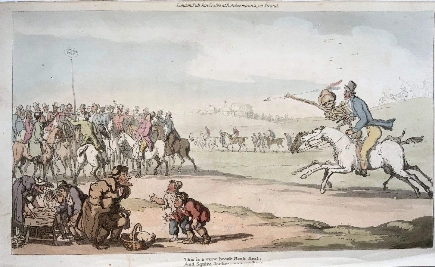 1814 Courses de chevaux, Rowlandson, Danse macabre, caricature, aquatinte