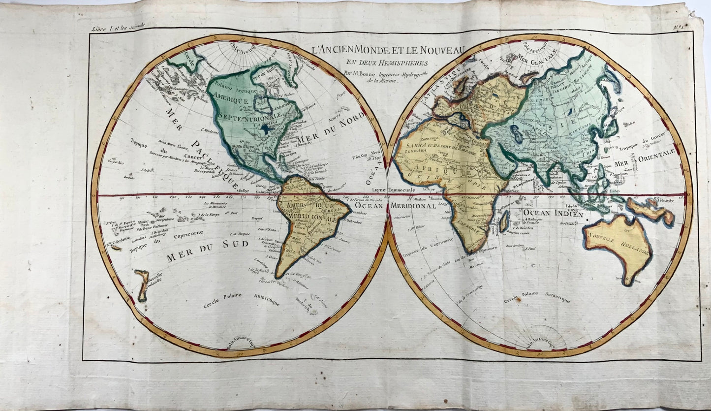 1780 Bonne, double hemisphere world map, hand coloured