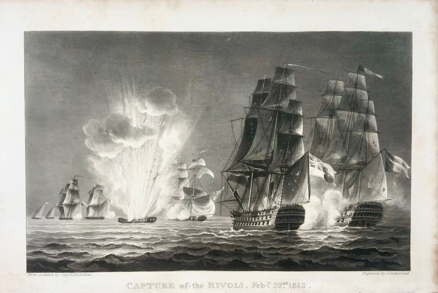 1820 Sutherland, Capture du Rivoli, 1812, maritime, navire, aquatinte