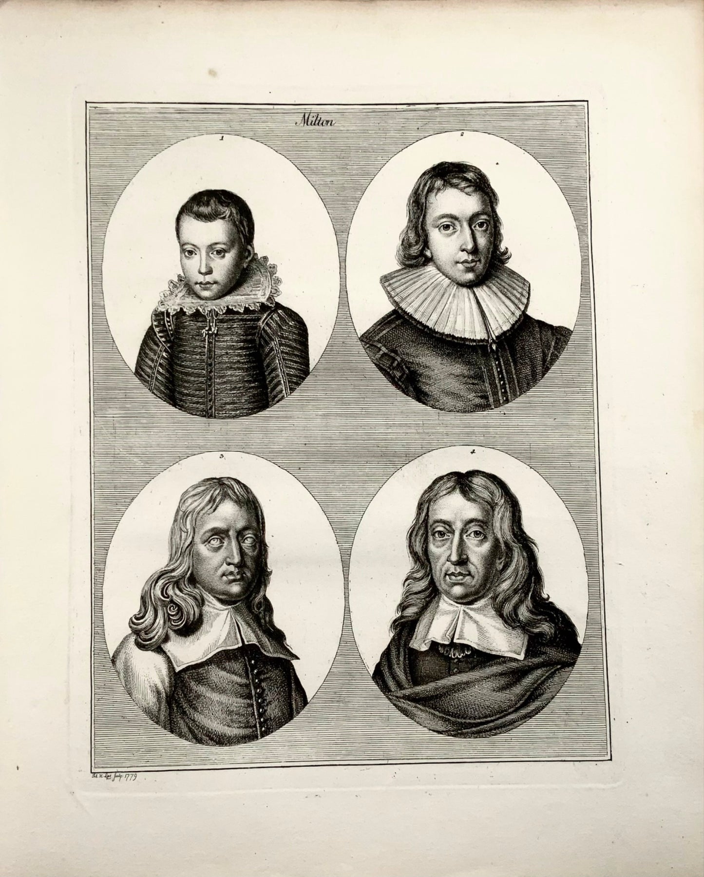 1788 Le poète John Milton [Lèvres d'après Faithorne], Folio, portrait, gravure 