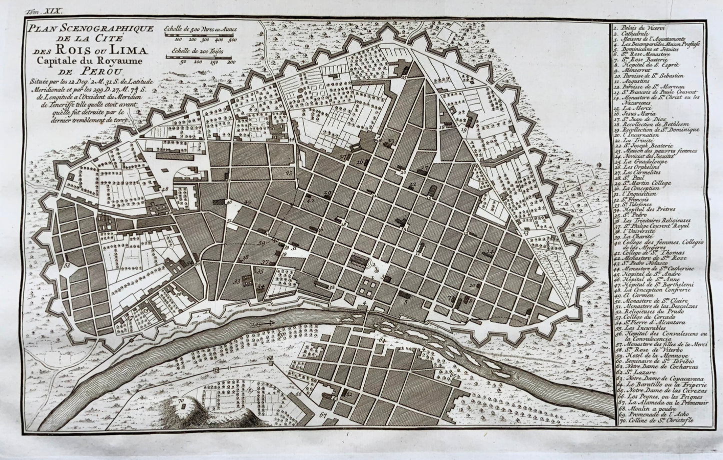 1751 City map of Lima before great earthquake, Peru