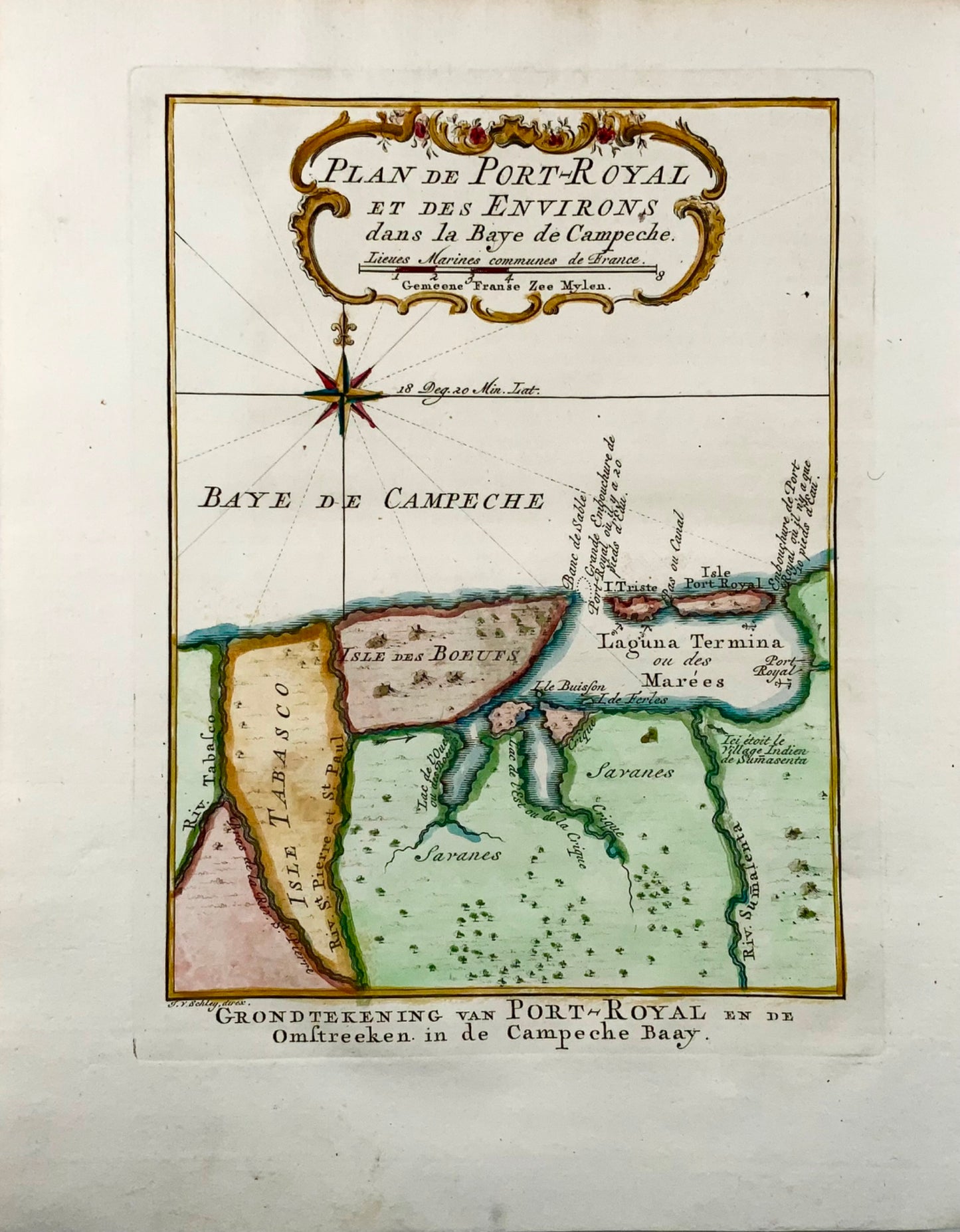 1756 JN Bellin; Schley, Mexique, Plan de Port-Royal, carte colorée à la main