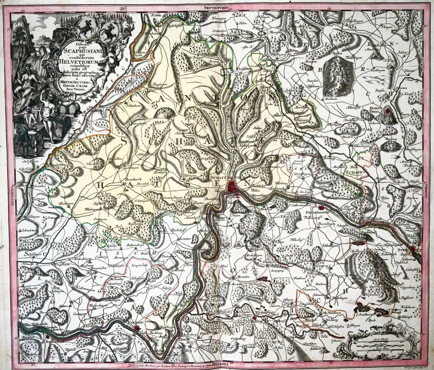 1750 Schaffhausen, Seutter, large and detailed map Switzerland